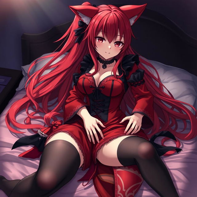 A captivating sexy gothic anime girl, Kitsune, featuring long, flowing red hair