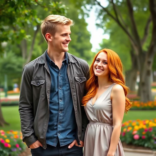 A tall couple stands together in a picturesque park setting