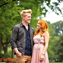 A tall couple stands together in a picturesque park setting