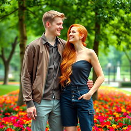 A tall couple stands together in a picturesque park setting