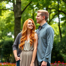 A tall couple stands together in a picturesque park setting