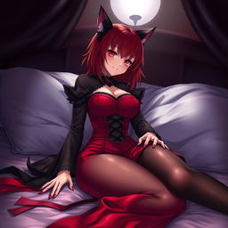 An alluring gothic anime girl, Kitsune, featuring shoulder-length red hair, dressed in an elegant eastern Asia style dress that blends red and black