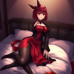 An alluring gothic anime girl, Kitsune, featuring shoulder-length red hair, dressed in an elegant eastern Asia style dress that blends red and black