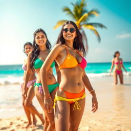 A stunning summer beach scene featuring beautiful Indian actresses wearing colorful bikinis