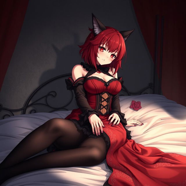 An alluring gothic anime girl, Kitsune, featuring shoulder-length red hair, dressed in an elegant eastern Asia style dress that blends red and black