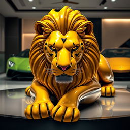 A luxurious lion designed in the shape of a Lamborghini, featuring sleek lines and curves reminiscent of the car's body