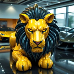 A luxurious lion designed in the shape of a Lamborghini, featuring sleek lines and curves reminiscent of the car's body