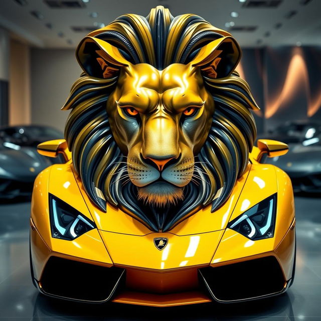 A luxurious lion designed in the shape of a Lamborghini, featuring sleek lines and curves reminiscent of the car's body