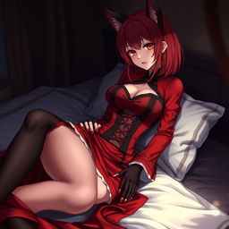 An enticing gothic anime girl, Kitsune, featuring shoulder-length red hair