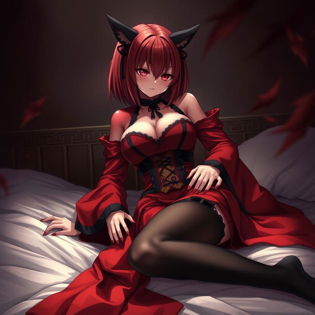 An enticing gothic anime girl, Kitsune, featuring shoulder-length red hair