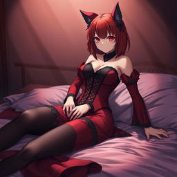 An enticing gothic anime girl, Kitsune, featuring shoulder-length red hair