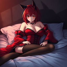 An enticing gothic anime girl, Kitsune, featuring shoulder-length red hair