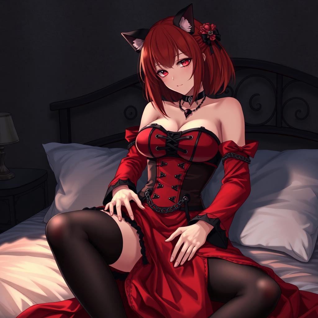 A seductive gothic anime girl, Kitsune, with shoulder-length red hair, exuding charm and allure