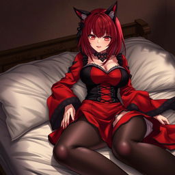 A seductive gothic anime girl, Kitsune, with shoulder-length red hair, exuding charm and allure