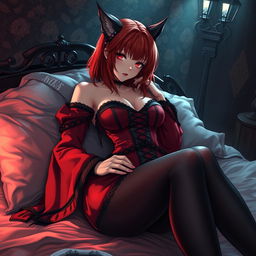 A seductive gothic anime girl, Kitsune, with shoulder-length red hair, exuding charm and allure