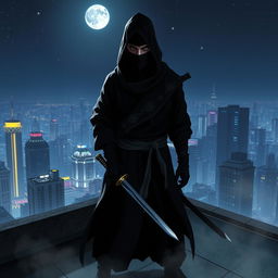 A mysterious and stealthy enemy ninja, cloaked in shadows, stands poised on a rooftop overlooking a sprawling, vibrant city at night