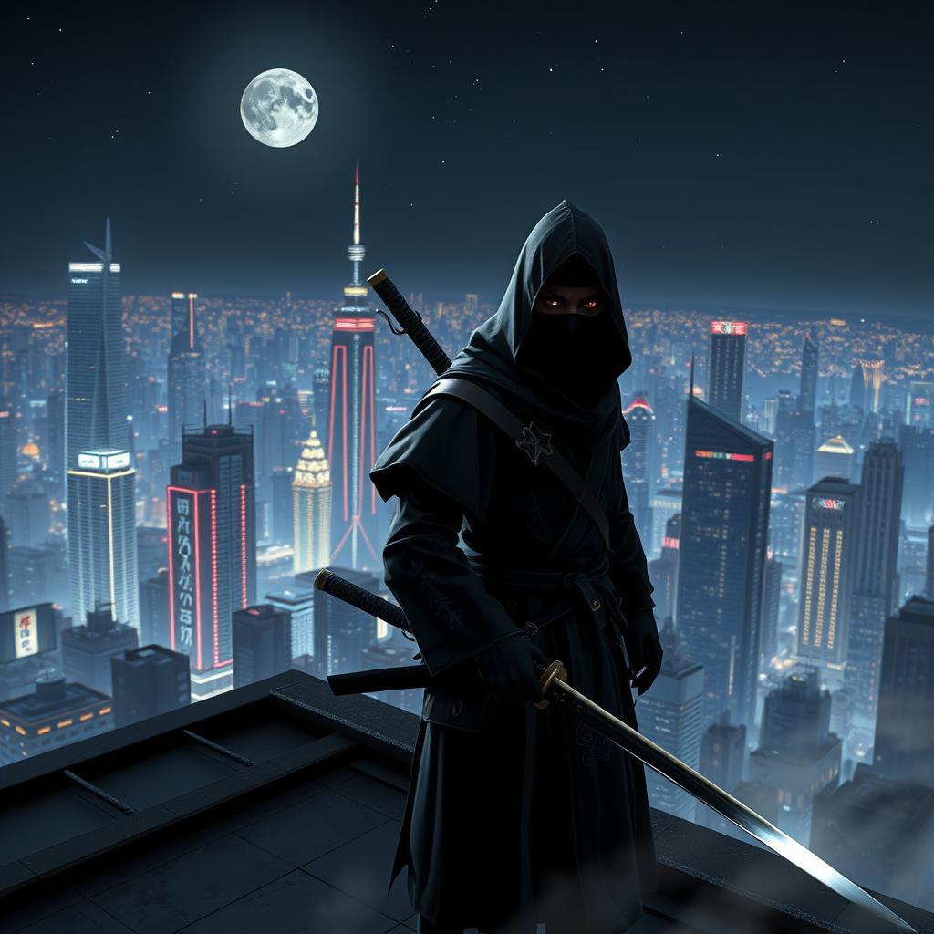 A mysterious and stealthy enemy ninja, cloaked in shadows, stands poised on a rooftop overlooking a sprawling, vibrant city at night