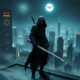A mysterious and stealthy enemy ninja, cloaked in shadows, stands poised on a rooftop overlooking a sprawling, vibrant city at night