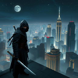 A mysterious and stealthy enemy ninja, cloaked in shadows, stands poised on a rooftop overlooking a sprawling, vibrant city at night