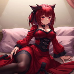 A captivating gothic anime girl, Kitsune, with shoulder-length red hair, dressed in a stunning red and black eastern Asia style dress adorned with decorative chains