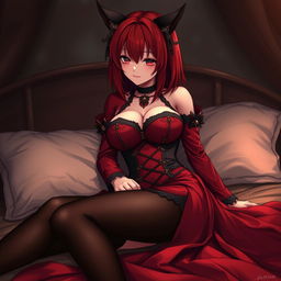 A captivating gothic anime girl, Kitsune, with shoulder-length red hair, dressed in a stunning red and black eastern Asia style dress adorned with decorative chains