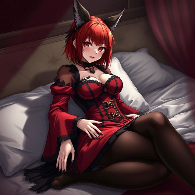 A captivating gothic anime girl, Kitsune, with shoulder-length red hair, dressed in a stunning red and black eastern Asia style dress adorned with decorative chains