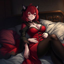 A captivating gothic anime girl, Kitsune, with shoulder-length red hair, dressed in a stunning red and black eastern Asia style dress adorned with decorative chains
