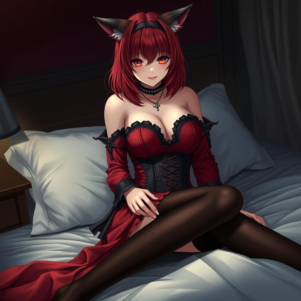 A striking gothic anime girl, Kitsune, adorned with shoulder-length red hair that flows elegantly