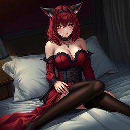 A striking gothic anime girl, Kitsune, adorned with shoulder-length red hair that flows elegantly