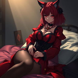 A striking gothic anime girl, Kitsune, adorned with shoulder-length red hair that flows elegantly