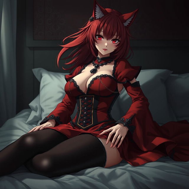 A striking gothic anime girl, Kitsune, adorned with shoulder-length red hair that flows elegantly