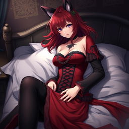 A striking gothic anime girl, Kitsune, adorned with shoulder-length red hair that flows elegantly