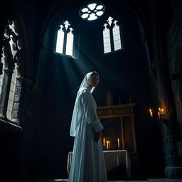 A serene white nun standing gracefully in a dimly lit dark castle interior, surrounded by ancient stone walls adorned with intricate Gothic architecture