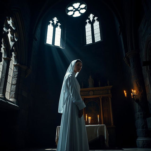 A serene white nun standing gracefully in a dimly lit dark castle interior, surrounded by ancient stone walls adorned with intricate Gothic architecture