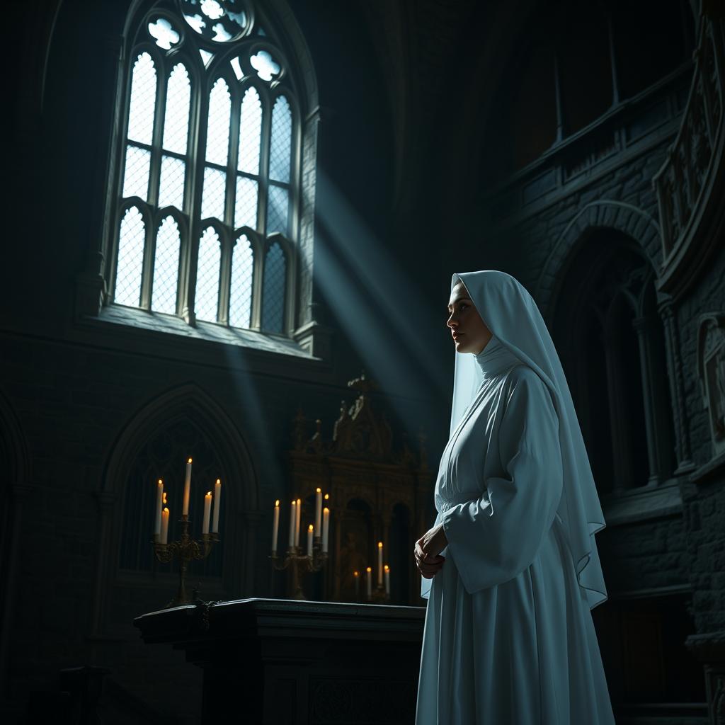 A serene white nun standing gracefully in a dimly lit dark castle interior, surrounded by ancient stone walls adorned with intricate Gothic architecture