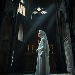 A serene white nun standing gracefully in a dimly lit dark castle interior, surrounded by ancient stone walls adorned with intricate Gothic architecture