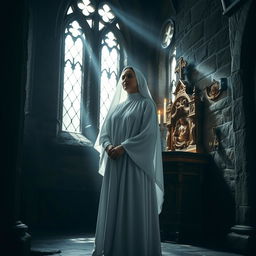 A serene white nun standing gracefully in a dimly lit dark castle interior, surrounded by ancient stone walls adorned with intricate Gothic architecture