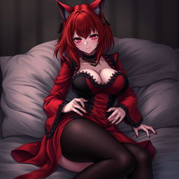 An alluring gothic anime girl, Kitsune, with shoulder-length red hair that cascades beautifully