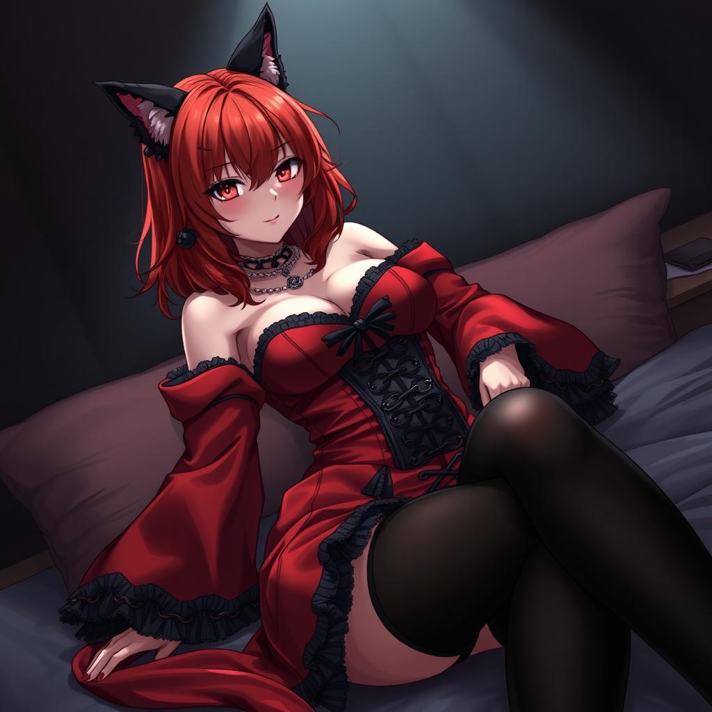 An alluring gothic anime girl, Kitsune, with shoulder-length red hair that cascades beautifully