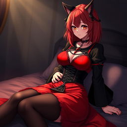 An alluring gothic anime girl, Kitsune, with shoulder-length red hair that cascades beautifully