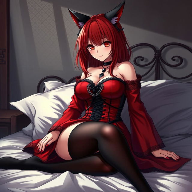 An alluring gothic anime girl, Kitsune, with shoulder-length red hair that cascades beautifully