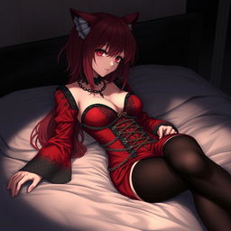 A seductive gothic anime girl, Kitsune, with shoulder-length red hair cascading softly around her
