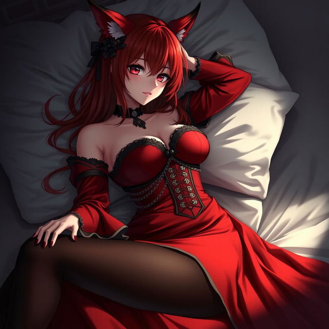 A seductive gothic anime girl, Kitsune, with shoulder-length red hair cascading softly around her