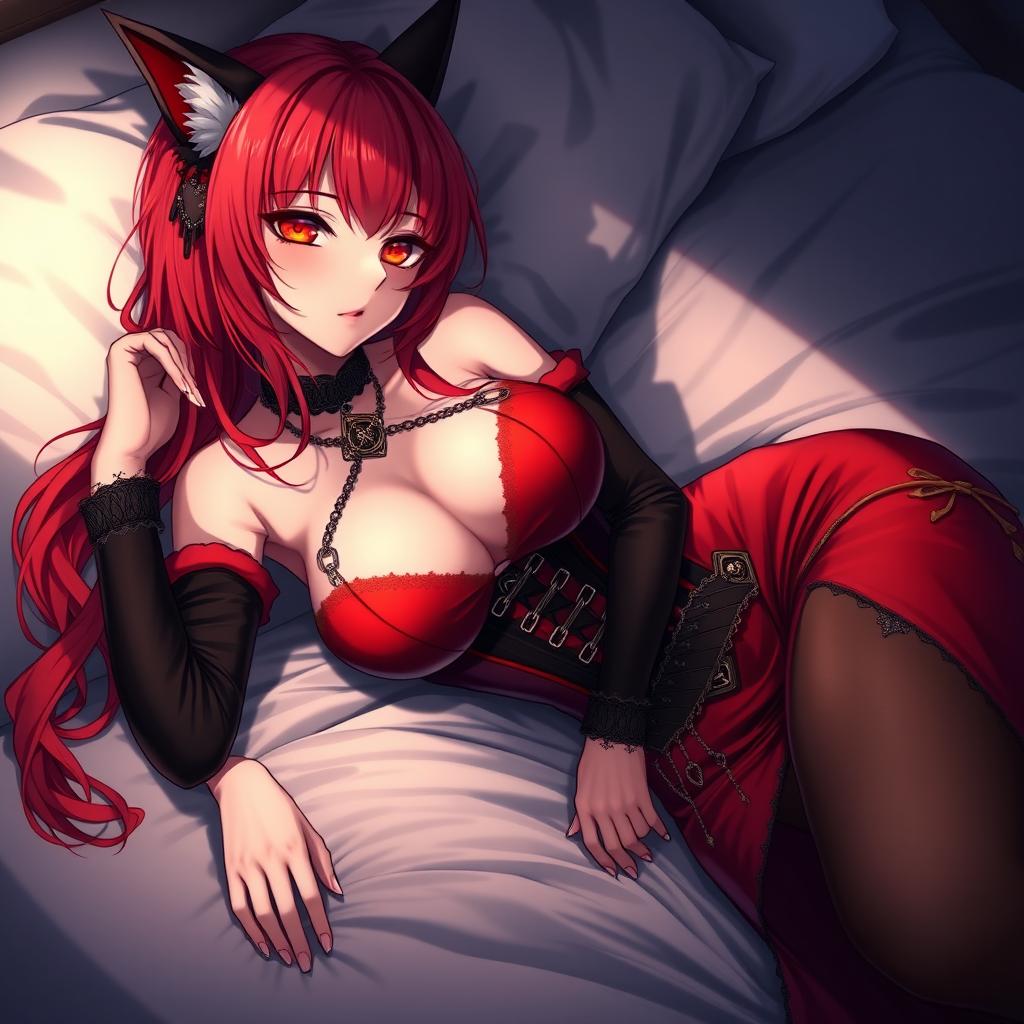 A seductive gothic anime girl, Kitsune, with shoulder-length red hair cascading softly around her