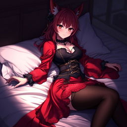 A seductive gothic anime girl, Kitsune, with shoulder-length red hair cascading softly around her