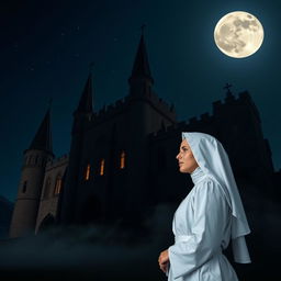 A white nun standing in front of an imposing dark castle at night