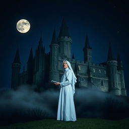 A white nun standing in front of an imposing dark castle at night