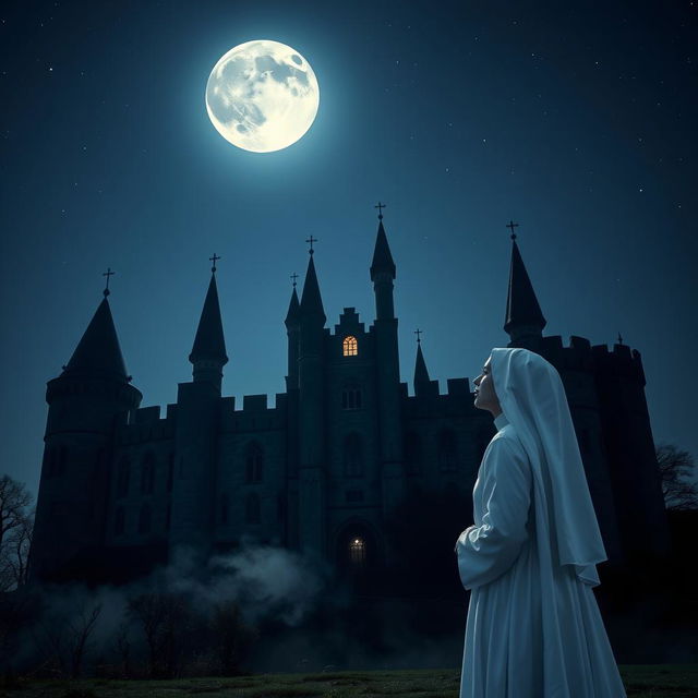 A white nun standing in front of an imposing dark castle at night