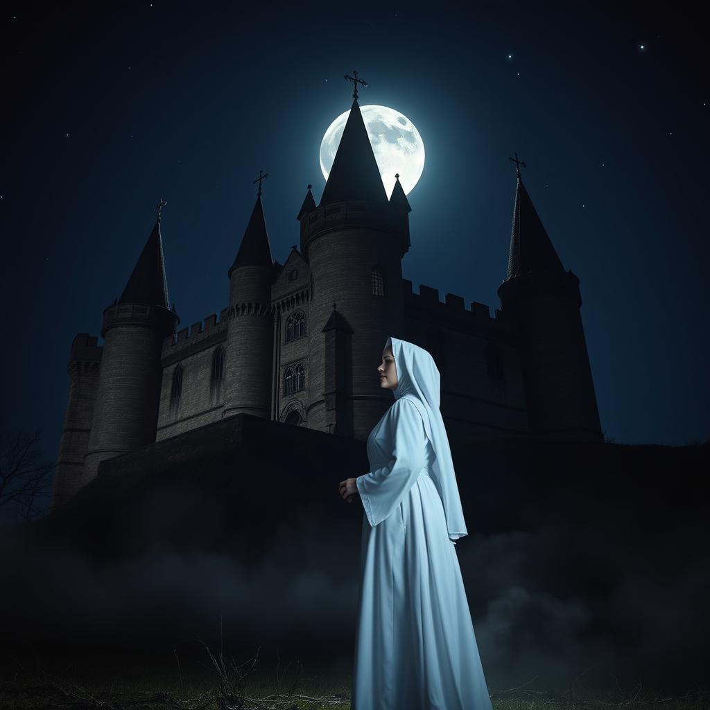 A white nun standing in front of an imposing dark castle at night