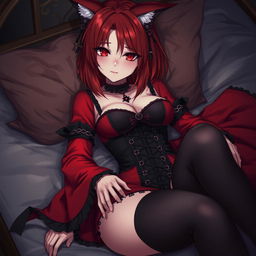 A captivating gothic anime girl, Kitsune, with shoulder-length red hair gracefully framing her face